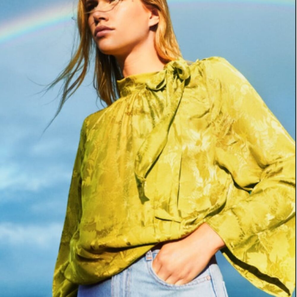 Zara green women blouse. Super cute and classic with a bow tie on the side